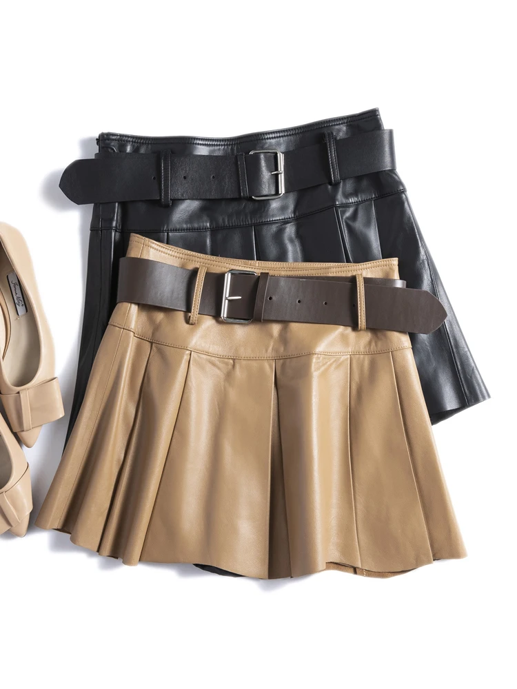 

American Retro Hot Skirts Women Girls High Waist Sheepskin Sexy Short Pleated Saias With Belt Korean Fashion Mujer Street Jupe