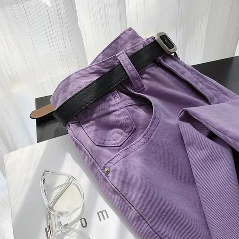 All-match Purple Denim Trousers Classic High Waist Pocket Button Streetwear Harem Jeans Woman Korean Fashion Loose Women Pants