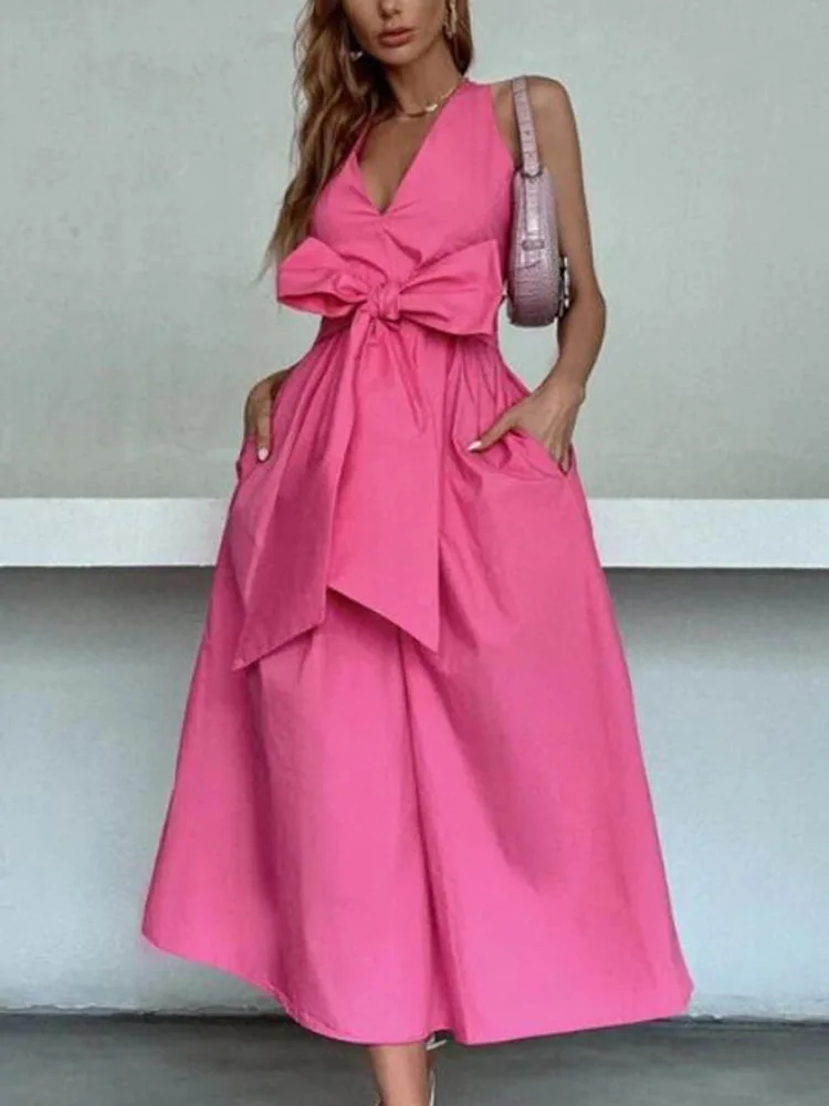 

Elegant V-Neck Sling Bow Dress Women Fashion Solid Color Pocket Slim Dress Summer Sexy Off-the-shoulder High Waist Party Dress
