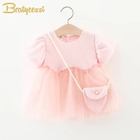 2022 korean baby summer dress with bag puff sleeve cute princess dresses for kids clothes pink white birthday dress for toddler