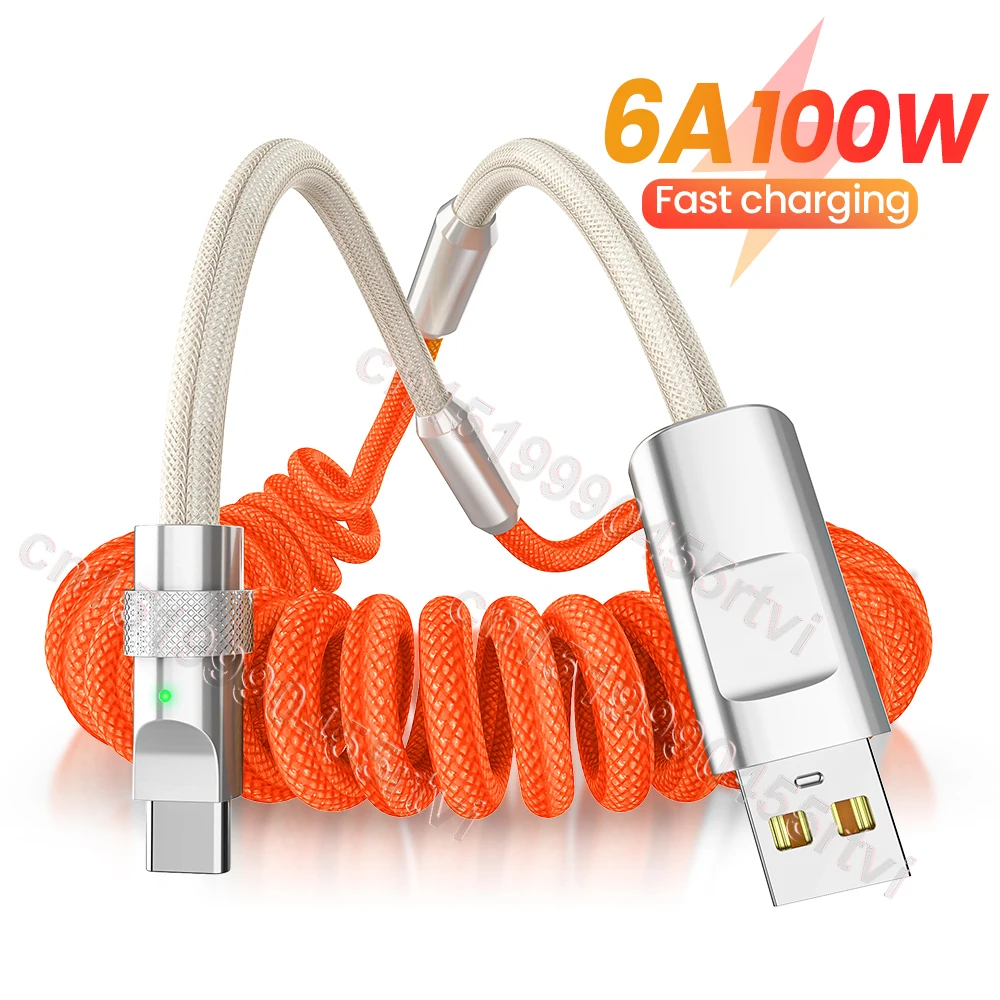 

Spring USB Type C Cable 100W 6A Telescopic Fast Charging Data Cord for Samsung Huawei Xiaomi Phone Accessories USB Charger Wire