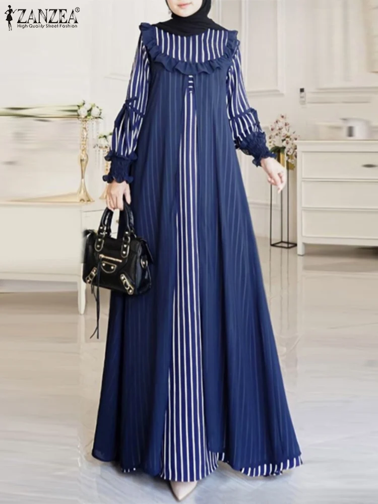 

ZANZEA Women Muslim Striped Dress Vintage Long Sleeve Ruffles Chiffon Sundress Ramadan Islamic Clothing Robe Femme Abaya Dresses