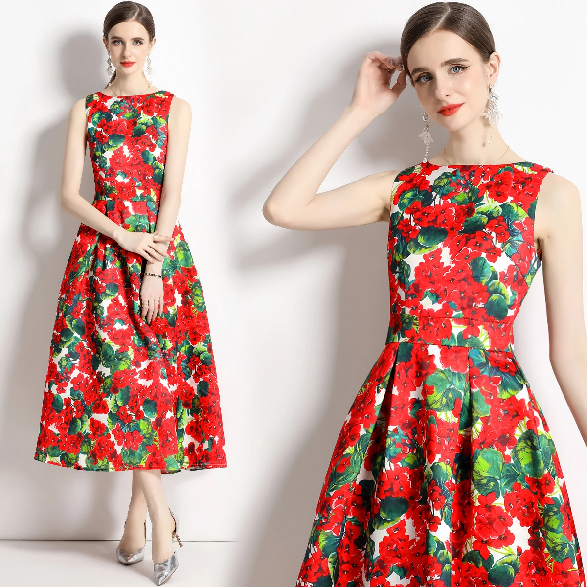 Женское платье миди с цветочным принтом, круглым вырезом, без рукавов