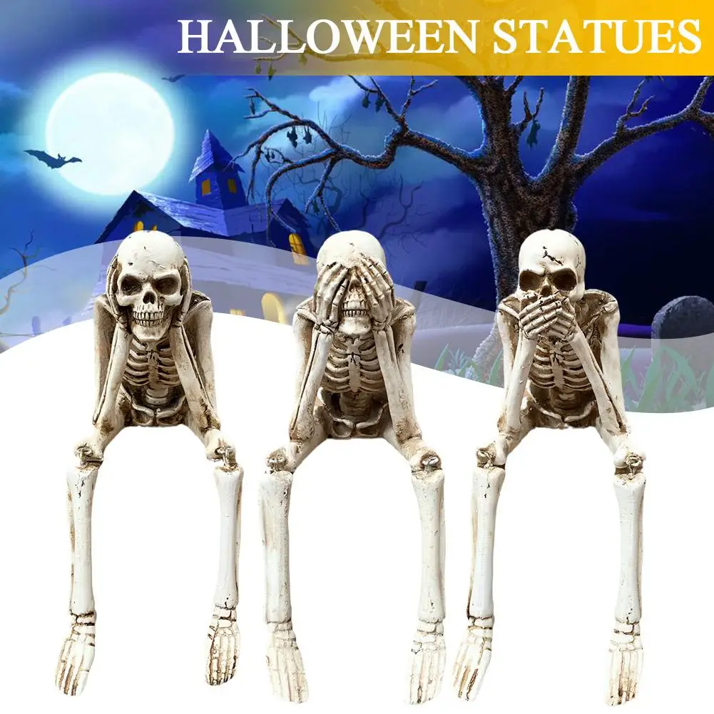 

See Speak Hear No Evil Skeleton Figurines Halloween House Skull Party Horror Bar Realistic Decorations Haunted Home Props Y7N5