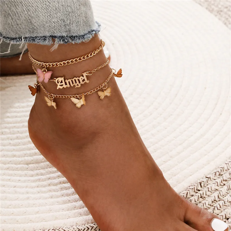 

TOBILO Bohemian Pink Butterfly Anklet set For Women Angel Letter Pendant Ankle Bracelet Chain On Leg Beach Foot Boho Jewelry