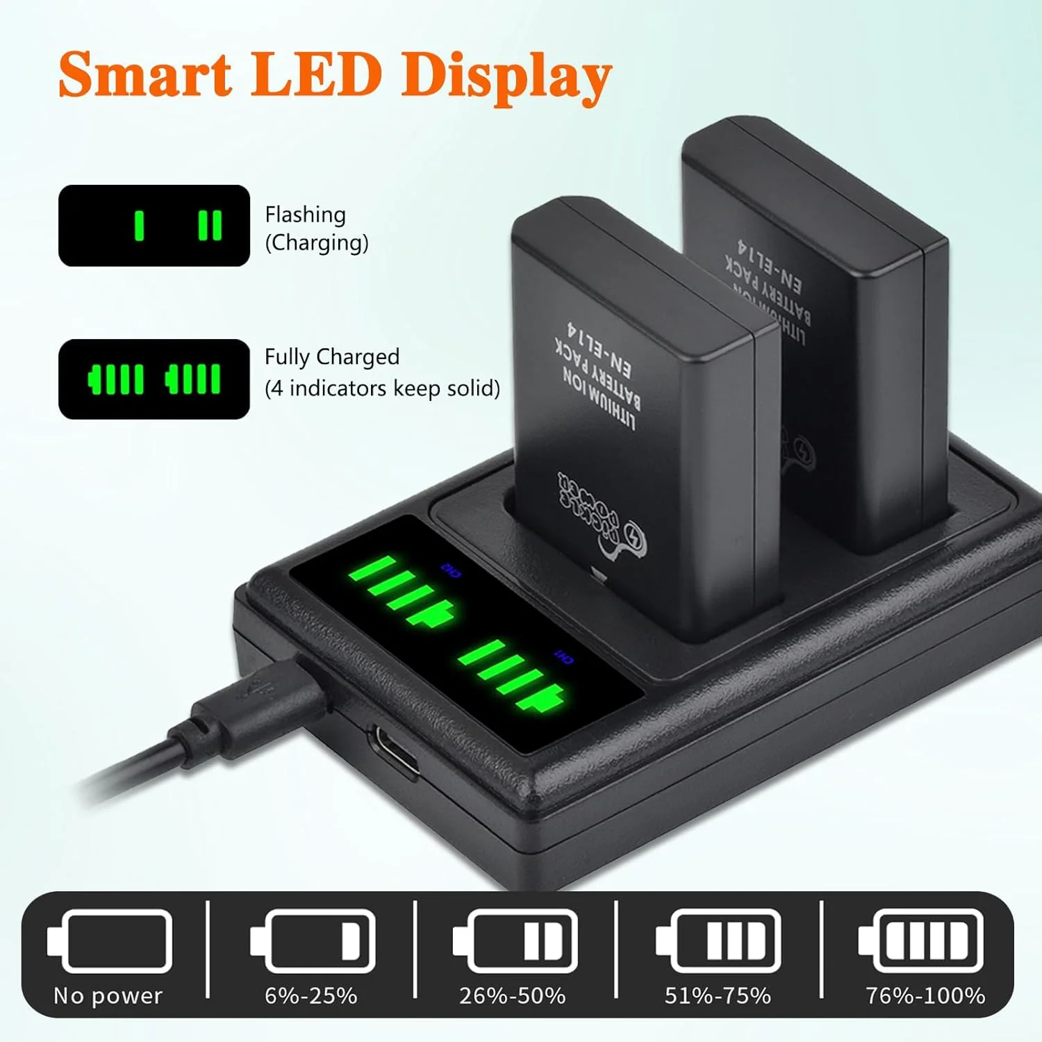 Фото Аккумулятор Pickle Power EN-EL14 EN-EL14a/двойное зарядное устройство для камеры D3500 D3400 D3300 D3200 D3100 D5600 D5500 D5300 D5200 D5100 DF №5