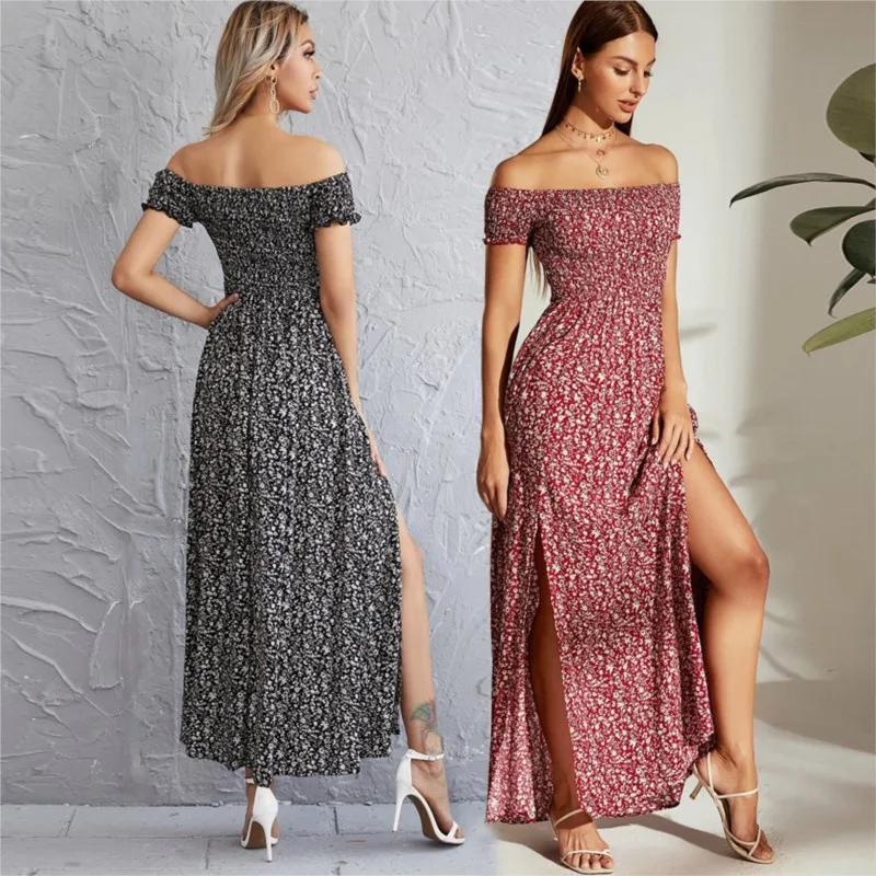 

Women Clothing 2023 Latest Fashion Dress For Summer Korean New Sexy Split Strapless Word Shoulder Floral Connect Skirt Polyester