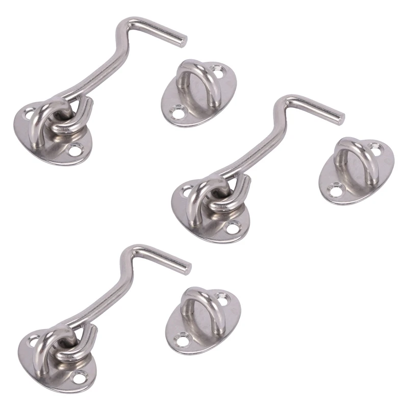 

3Set Stainless Steel Cabin Hook Eye Shed Gate Door Latch Silent Holder Silver, 3Inch