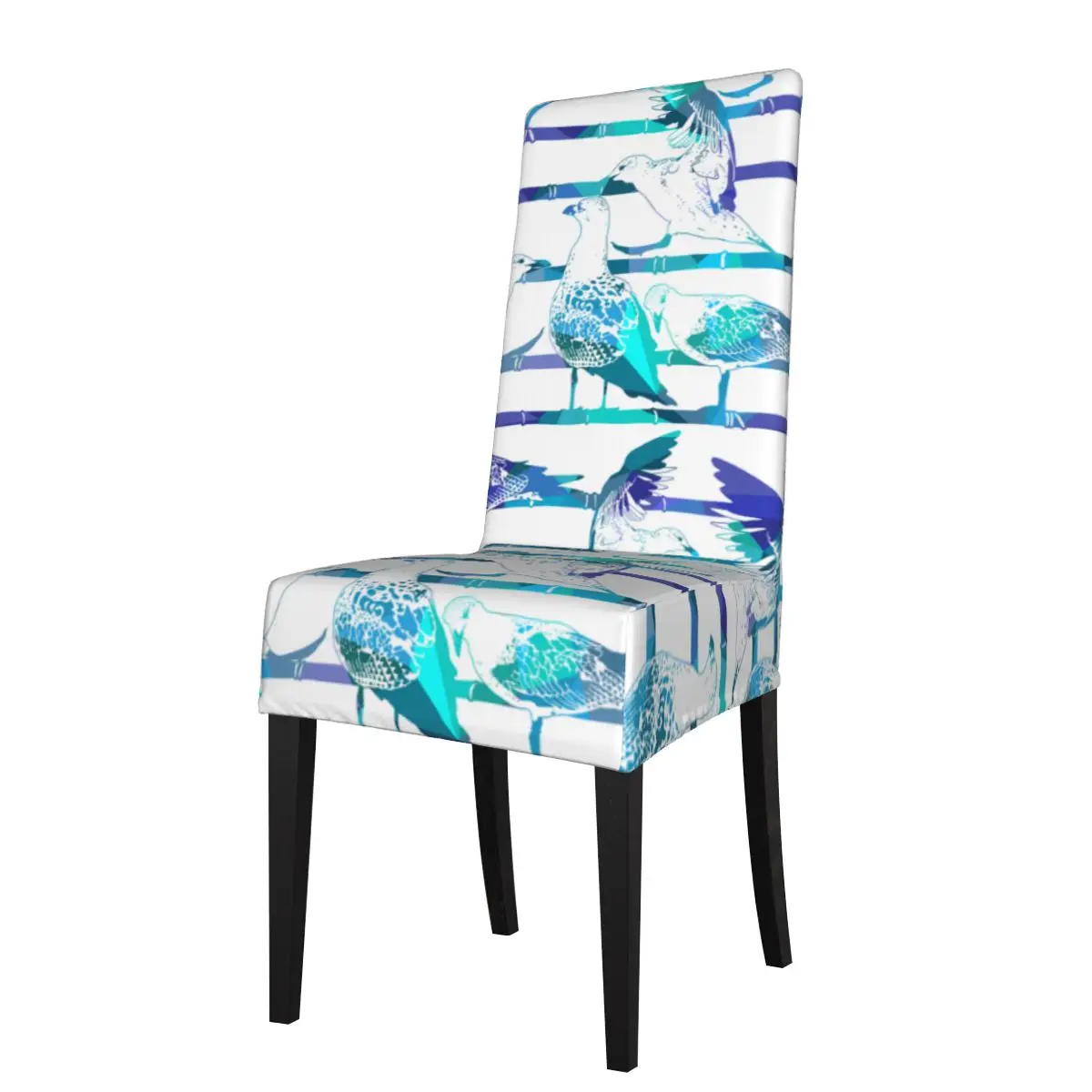 

Dining Room Chair Covers Slipcovers Teal Birds Turquoise Stripe Stretch Short Kitchen Hotel Armless High Back Chair Seat Cover