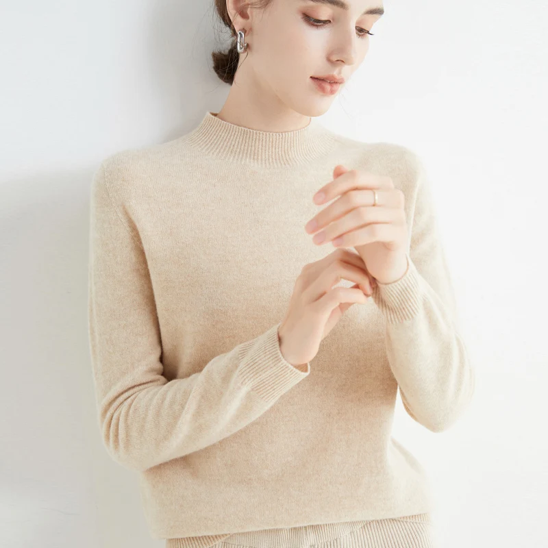 Half Turtleneck Women's Pullover 100% Wool Sweater Fashion Cropped Loose Long Sleeve Cashmere Knit New 22 Seamless |
