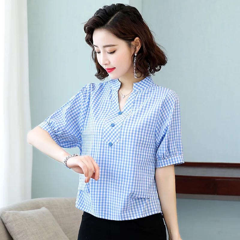 Korean Fashion Stand Collar Cotton Plaid Shirt Women'S Short Sleeve 2023 Summer New Leisure Trend Foreign Style Loose