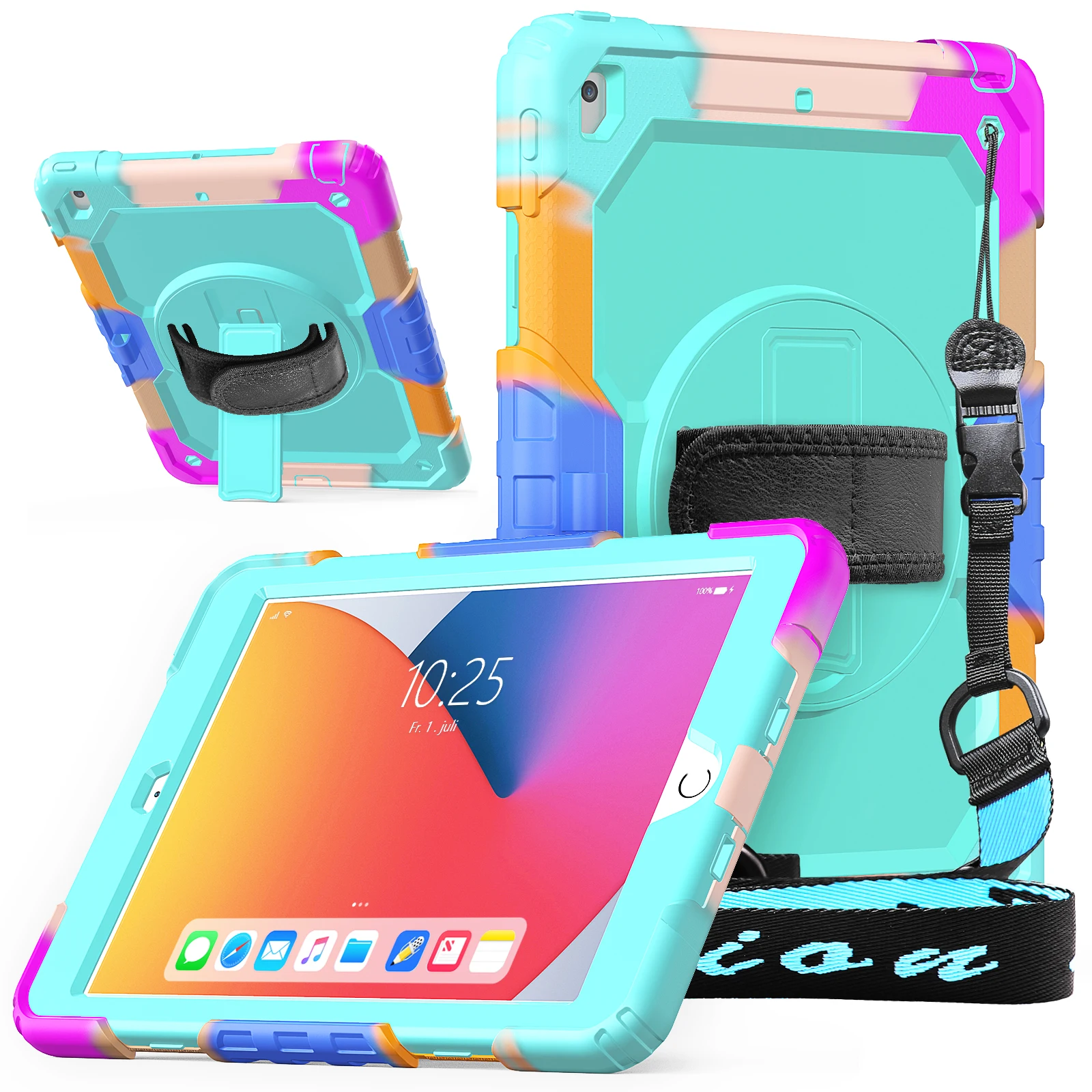 

360 Rotaion Hand strap Kickstand Silicone Tablet Case For Ipad 7th 8th Generation 10.2 Protective Cover With Shoulder Strap