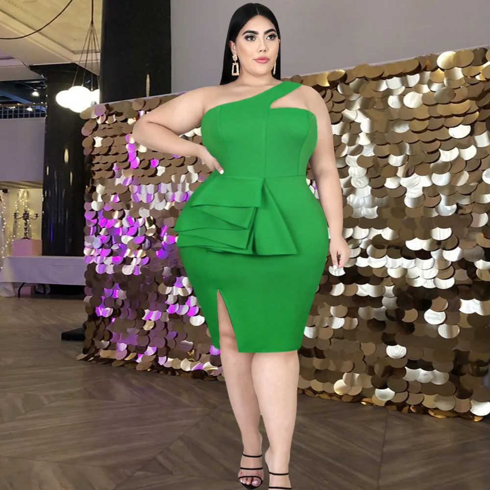 

Sexy One Shoulder Sleeveless Backless Ruffles Green Dress Irregular Party Dresses Women Evening Elegant Slim Bodycon Dress 2022