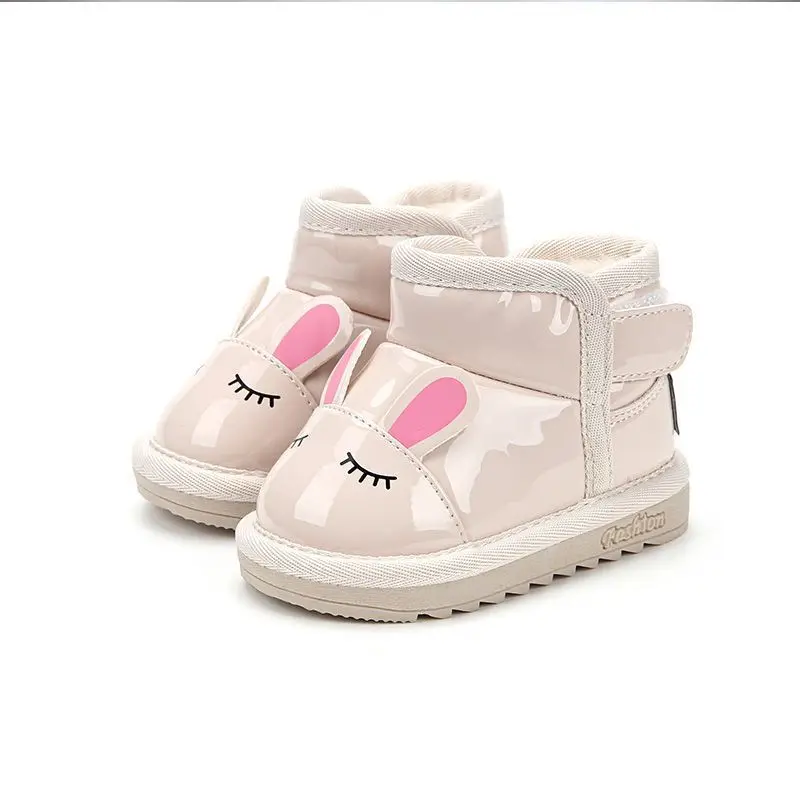 Winter Plush Baby Girl Snow Boots PU Leather Cartoon Rabbit Baby Shoes