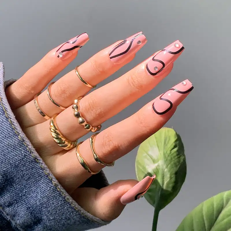 

Pink Black Ripple with Diamond Coffin Press on Nail