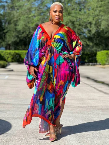 Винтажное бикини 2023, длинный кафтан больших размеров, элегантное пляжное платье с v-образным вырезом, летняя одежда, пляжная одежда, купальник, накидка A2021