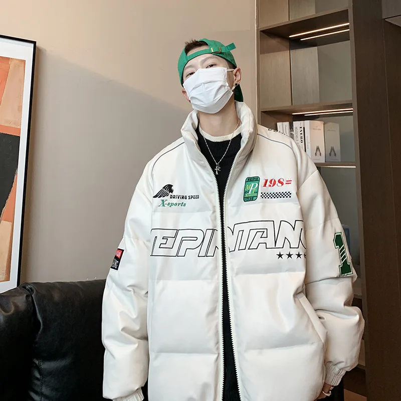 Hip Hop Men Parkas Letter Print Harajuku Bubble Coat Stand Collar Loose Padded Jackets Warm Motorcycle Clothes Racing Suit