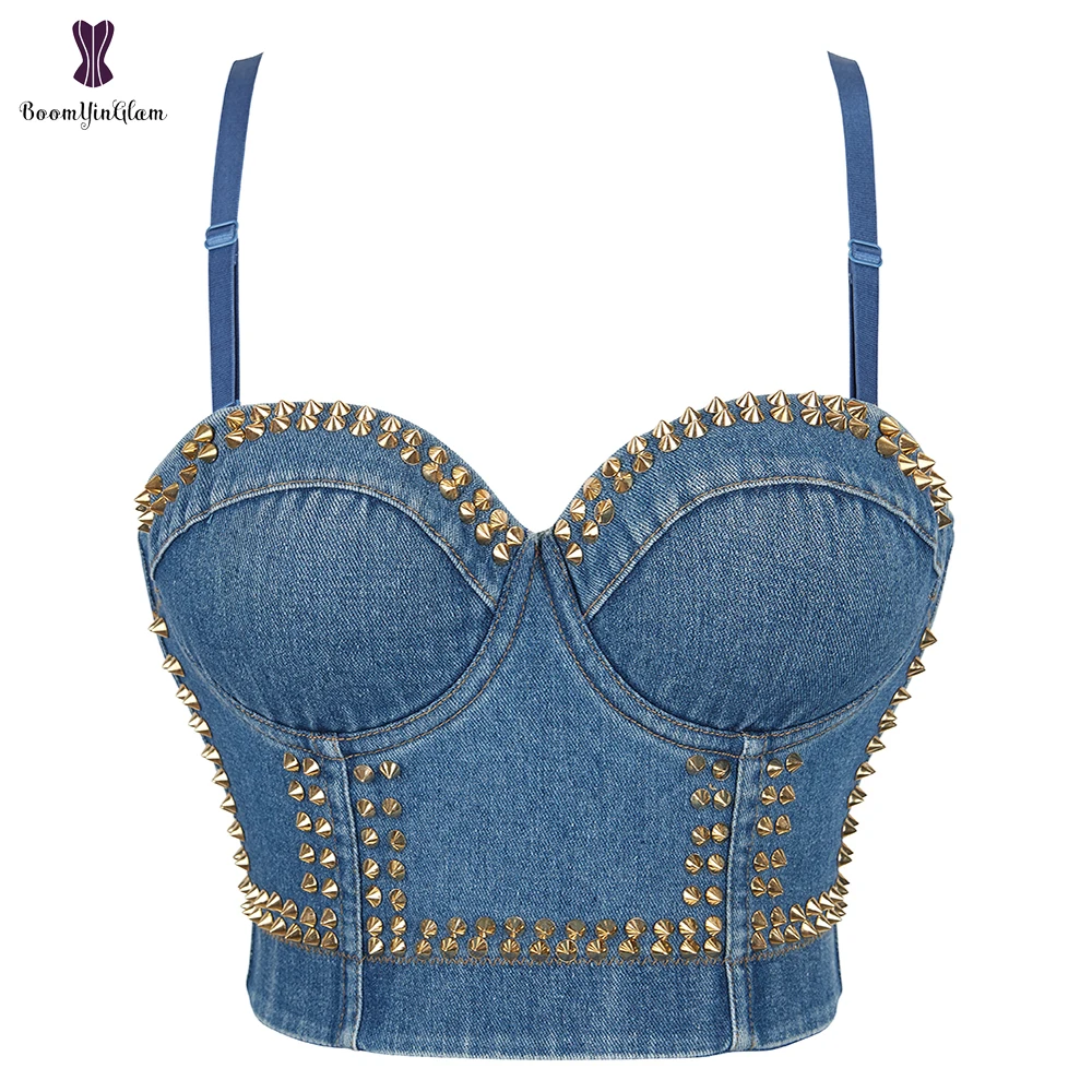 Топ женский джинсовый короткий с заклепками бюстье из джинсовой ткани корсет