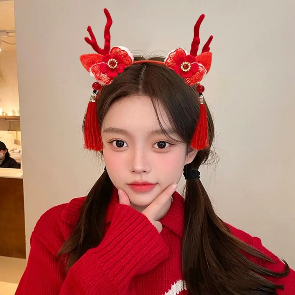 Красная повязка на голову 2024 с рогом дракона кисточка красная бантом новогодний