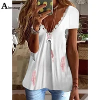plus size 3xl women latest casual shirts clothing 2022 summer elegant feather print t shirt short sleeve patchwork lace tops