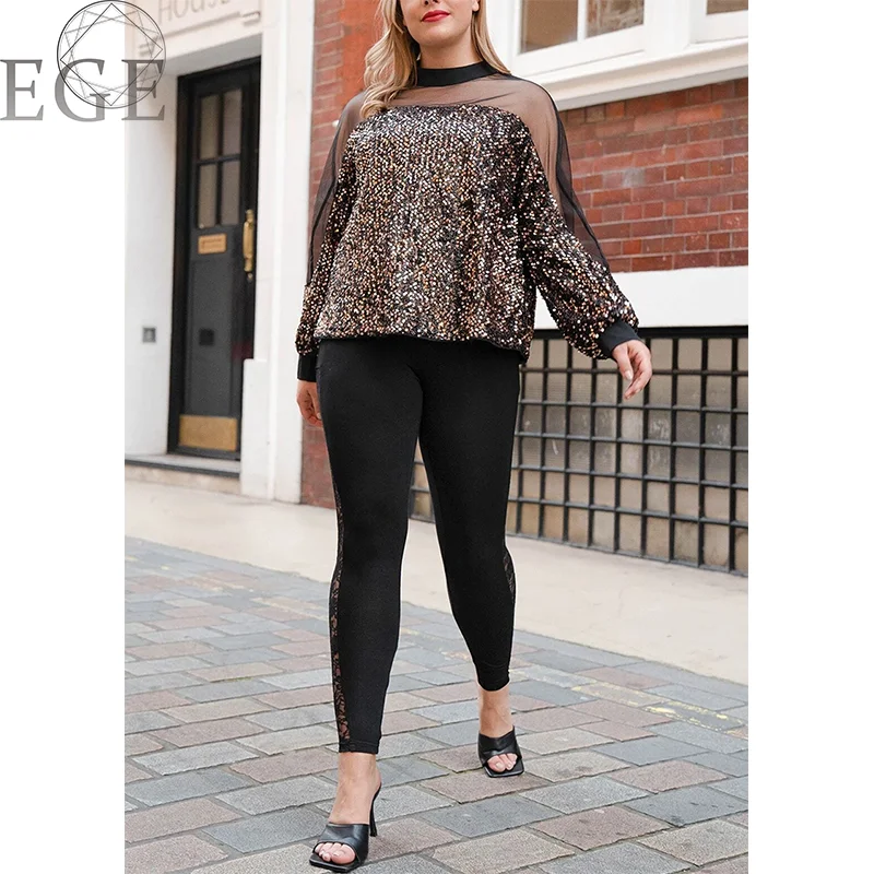 Elegant Plus Size Women's Spring Summer Shiny Mesh Tops Loose Commuting Shiny Women Plus Size Crewneck Tops