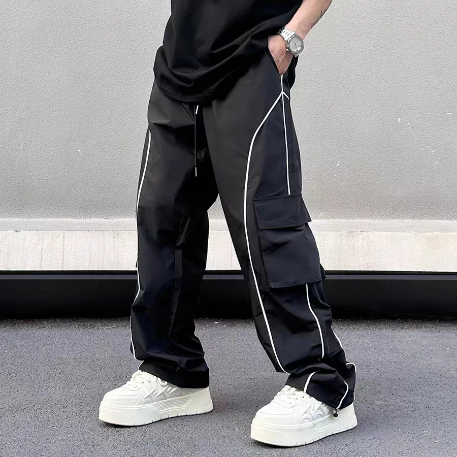 

Брюки мужские полосатые с карманами, прямые повседневные свободные штаны в стиле пэчворк, с широкими штанинами, уличная одежда, тренировочные штаны большого размера с кулиской в стиле Харадзюку