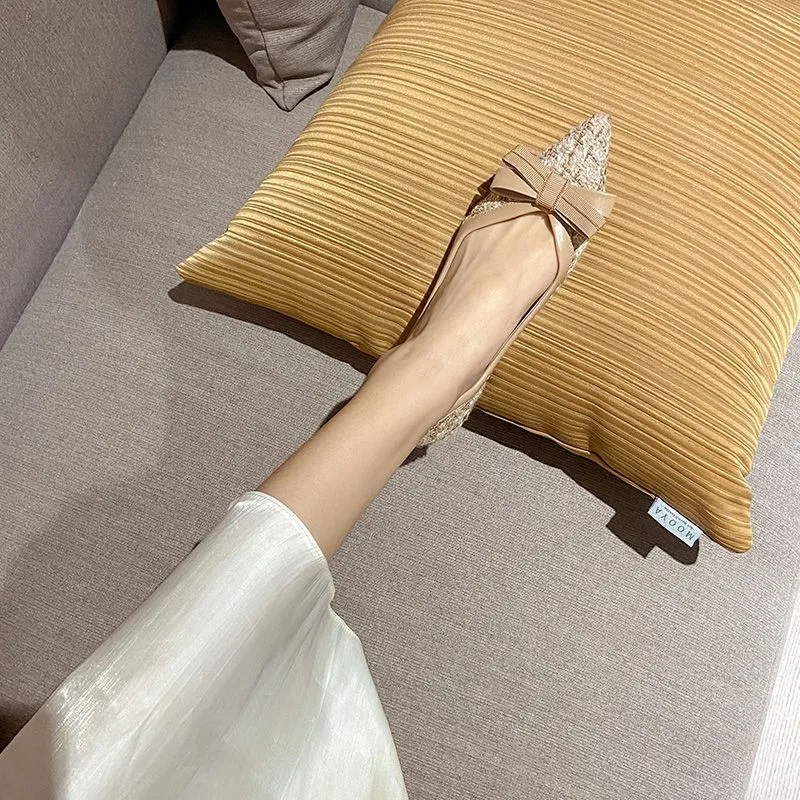 Soft Sole Women Shoes  Pointed Toe Flats Light Black Tweed Sweet Bow Slip-On Women Shoes Party Shoes Oxford Shoes for Women