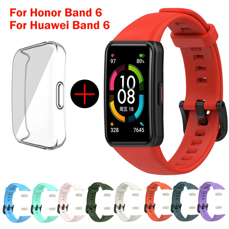 

Replacement Strap For Huawei Band 6 Silicone Watch Strap For Honor Band 6 Strap With TPU Full Screen Protector Case black band