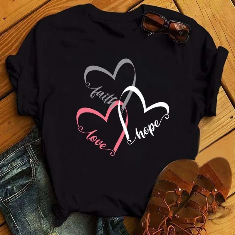 

WVIOCE Funny Love Heart Casual Women T-shirt Summer Short Sleeve Harajuku Female Tops New Graphic Girl Black Tops 27933
