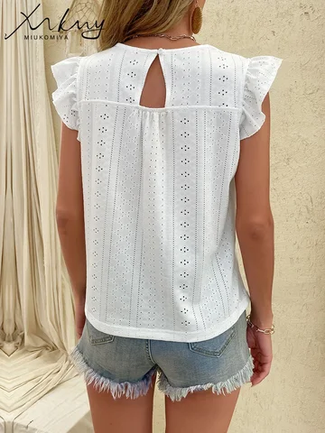 MiuKoMiYa White Hollow Out Ruffle Blouses Summer 2023 Woman V Neck Sleeveless Top Women Women's Blouses New 2023 Summer