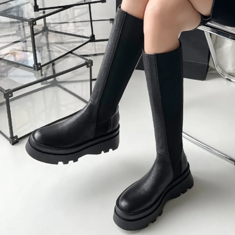 

Dilalula Women Knee High Boots Splicing Genuine Leather Platforms Autumn Winter Thick Heels Casual Shoes Woman Punk Style