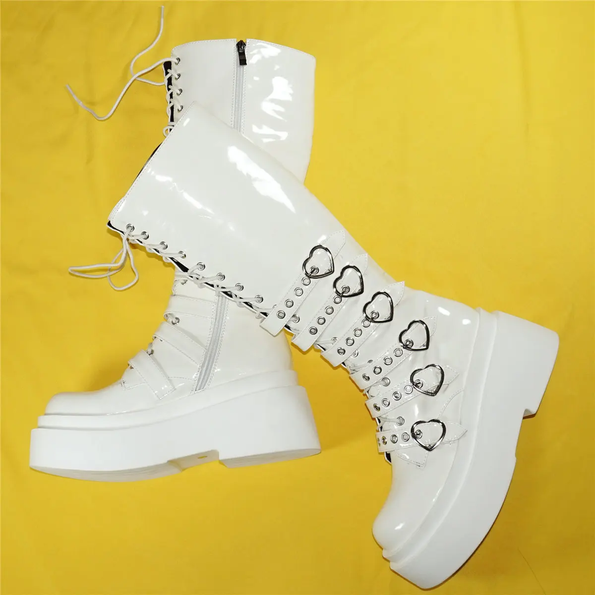 White Fashion Sneakers Women Lace Up Patent Leather High Heel Knee High Boots Female Round Toe Platform Pumps Shoes Casual Shoes