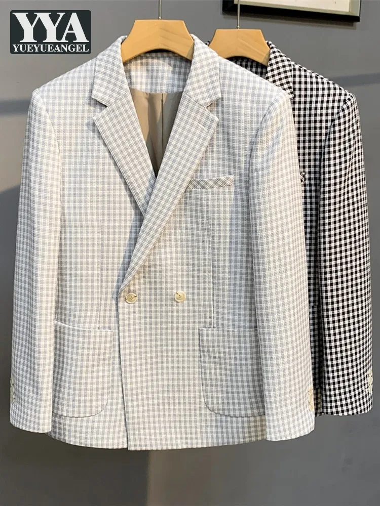 

Мужской двубортный блейзер в клетку, Черный Повседневный приталенный двубортный блейзер в британском стиле, весна-осень 2019