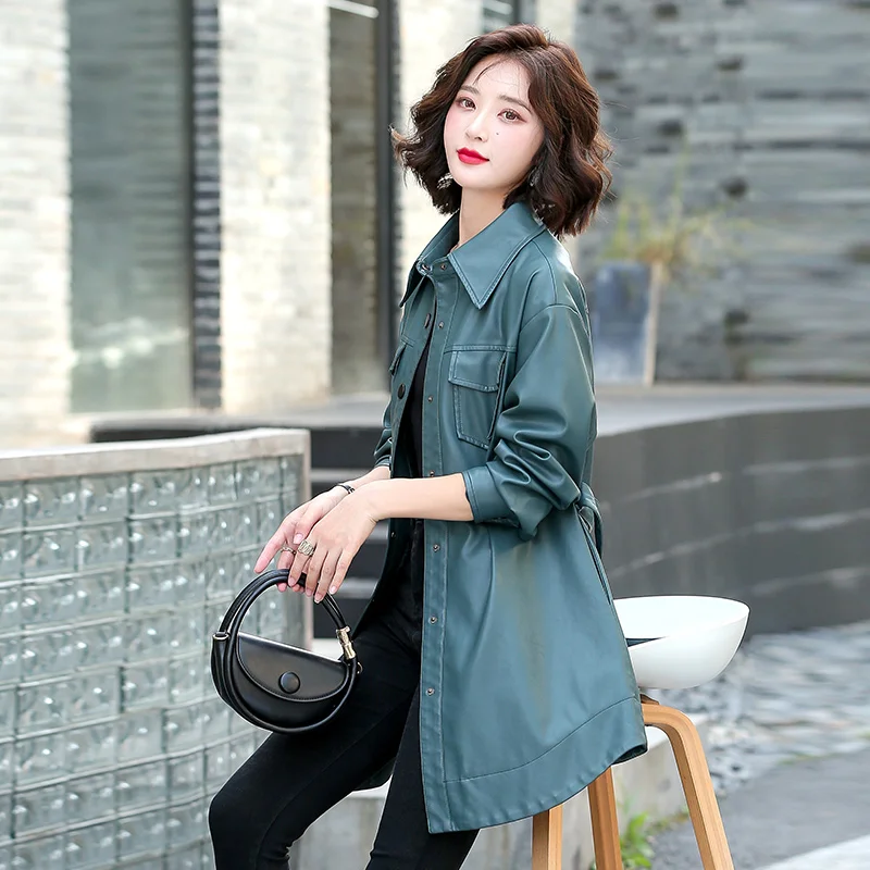 Women's Mid-Length Walker Leather Coat Snap Closure Faux Leather Jacket Casual Lapel Long Suit Trench Coat Outerwear with Belt