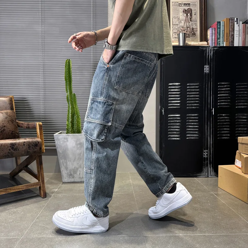 Streetwear Fashion Men Jeans Loose Fit Spliced Designer Multi Pockets Casual Denim Harem Jeans Men Hip Hop Wide Leg Pants Hombre