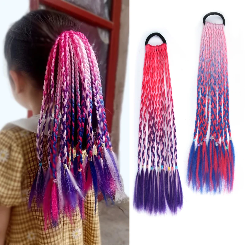 

Rainbow Girls Hairwear Synthetic Box Baided Ponytail With Rope Kids Princess Color Tail Wig Children's Styling Hair Accessories