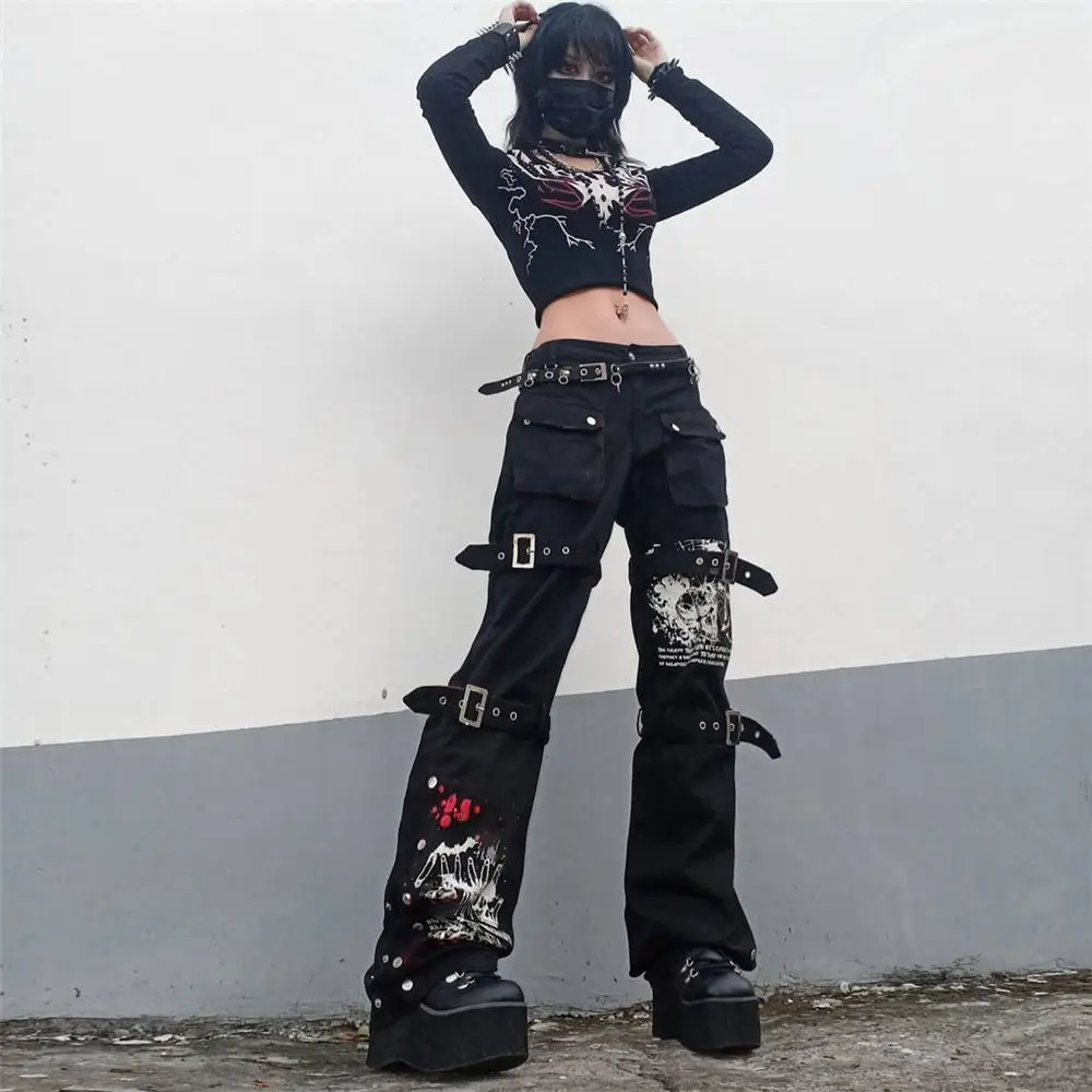 

Women Vintage Black Jeans Pastel Gothic Big Pocket Straight Jeans High Quality Chic Legband Streetwear Cargo Pants