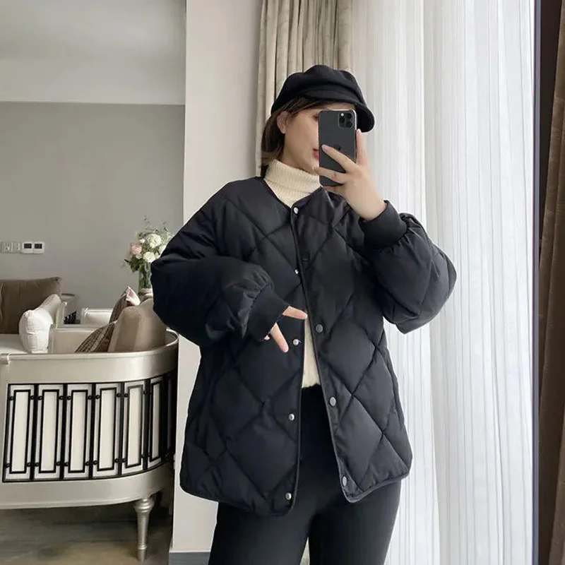 2022 Spring Autumn New Cotton Jacket Womens Fashion Loose Diamond Down Cotton Coat Women's Short Lightweight Breathable Parkas