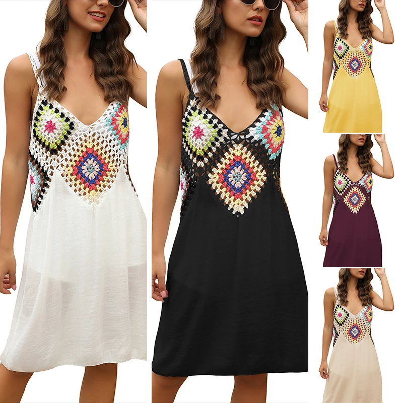 

ASDS-Women Crochet Beach Summer Tunic Cover Up Long Knitted Beachwear Swimsuit Cover Up Dresses