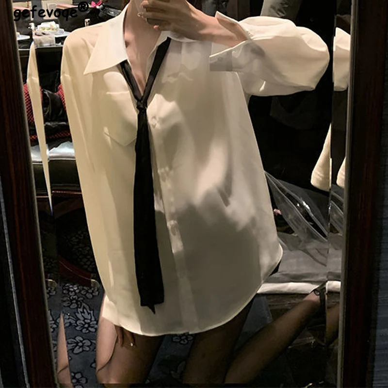 

2022 Spring Summer New White Shirt Tie Solid Color Long Sleeve Korean Style Loose Inner Blouses Casual Simplicity Women Clothes