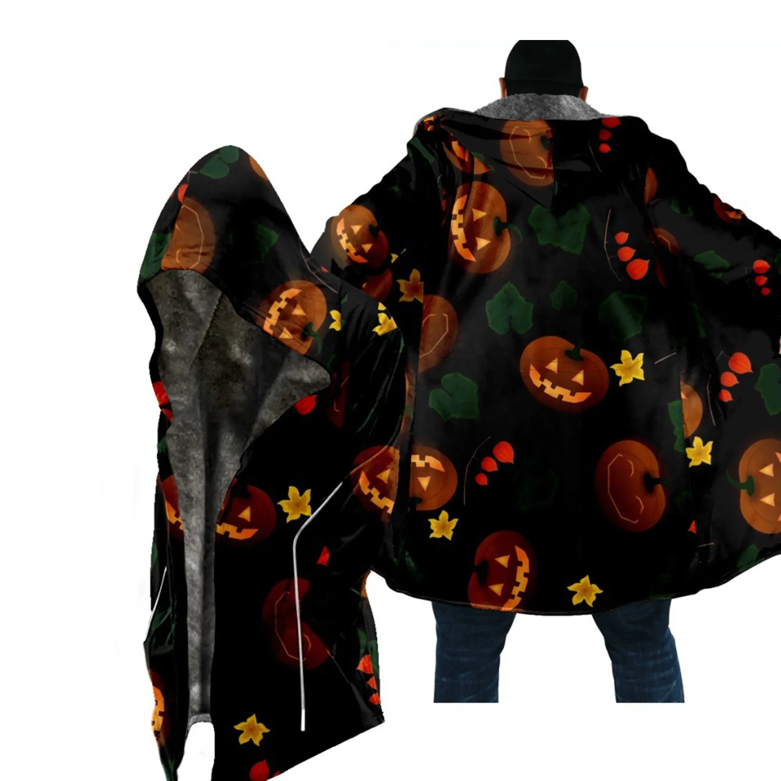 

Men's Winter Coat Fleece Thickened Warm Jacket Halloween Printed Hooded Cardigan Male Loose Medium Length Jackets Streetwear