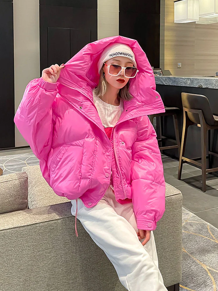 Short Candy Street Color All-match Bread Coat Women Shiny Warm Big Hooded Cotton Padded Parkas Fashion Winter Jacket Lady