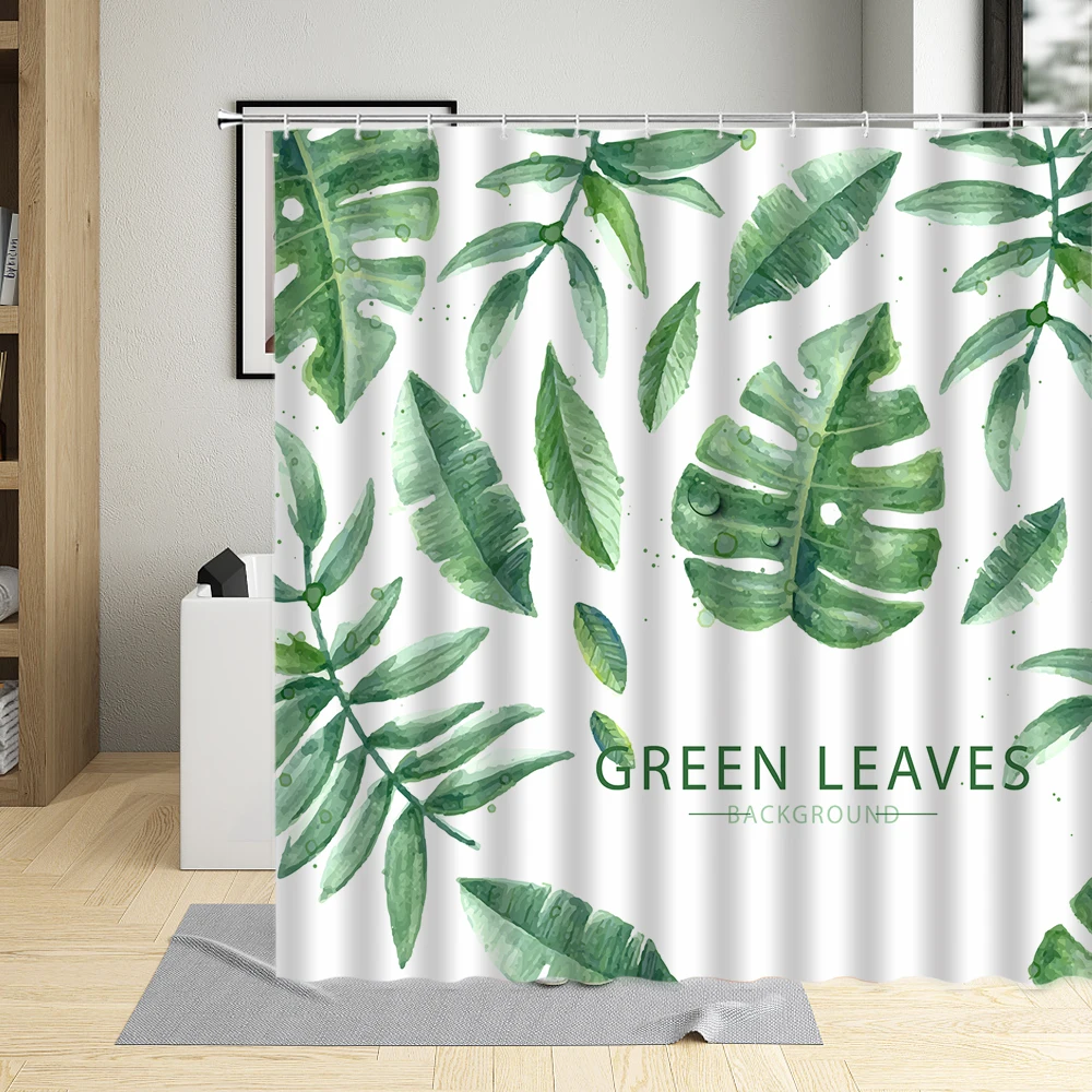 

Весенняя тропическая занавеска для душа с зелеными листьями, художественная декоративная ткань ручной росписи, водонепроницаемая ткань для ванной комнаты с крючком из полиэстера
