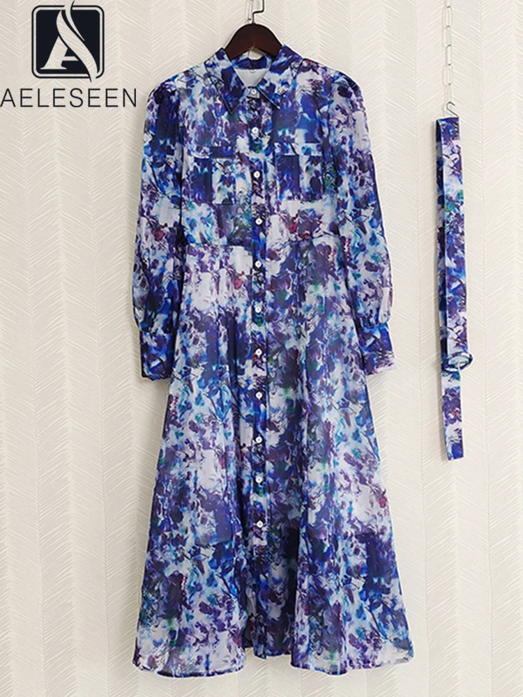 

AELESEEN Runway Fashion 2022 Early Autumn Dress Women Blue Flower Printed Long Sleeve Single Breasted Holiday Casual Party