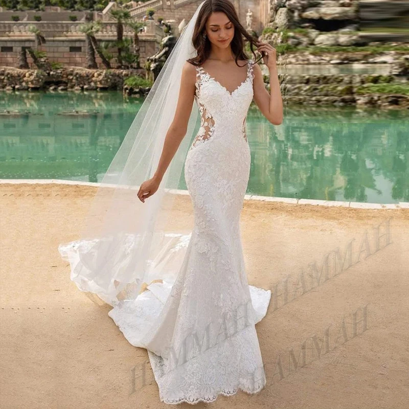 

HAMMAH Elegant Illusion Mermaid Wedding Dresses Backless Lace Appliques Sposa Vestidos Bride Party Gown Robe De Mariée Customise