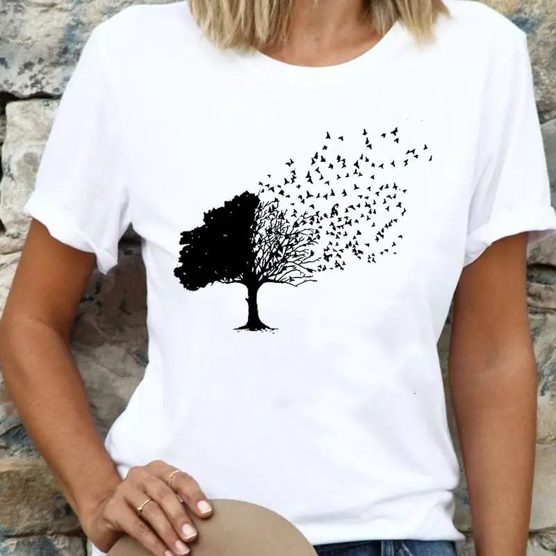 

Women Cartoon Tree Printing New Ladies T Top Shirt Regular Lady Fashion Tee Print Female Graphic Short Sleeve T-Shirts