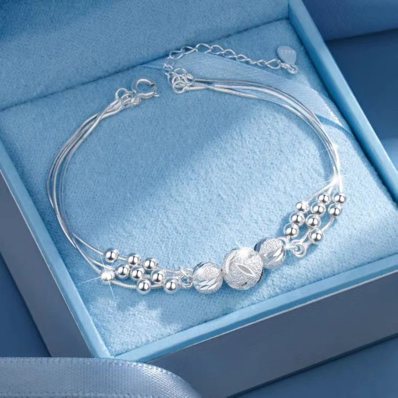 

925 Sterling Silver Lucky Bead Women Bracelet Fashion Rhinestone Girlfriend Birthday Wedding Engagement Multi-layer Jewelry Gift