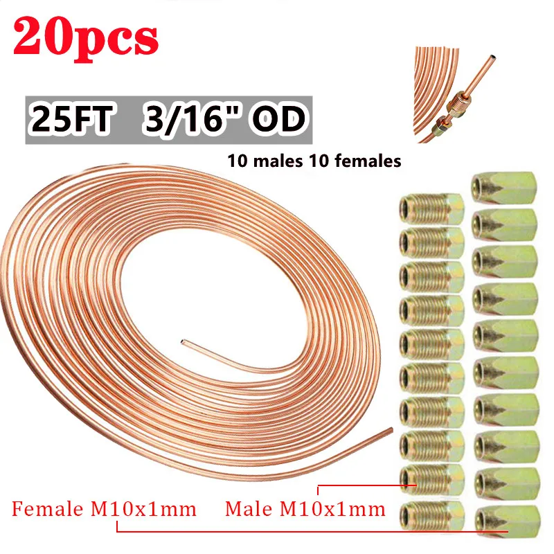 

16PCS Tube Nuts 25FT 7.62m Car Roll Tube Coil of 3/16" OD Copper Nickel Brake Pipe Hose Line Piping Tube Tubing Anti-rust With