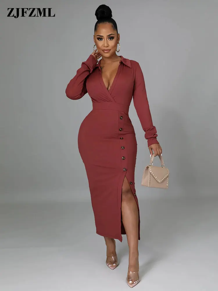 

Vintage Women Polo Neck Cleavage Single Breasted Side High Split Dresses Elegant Fashion Elastic High Wiast Mid Calf Length Robe