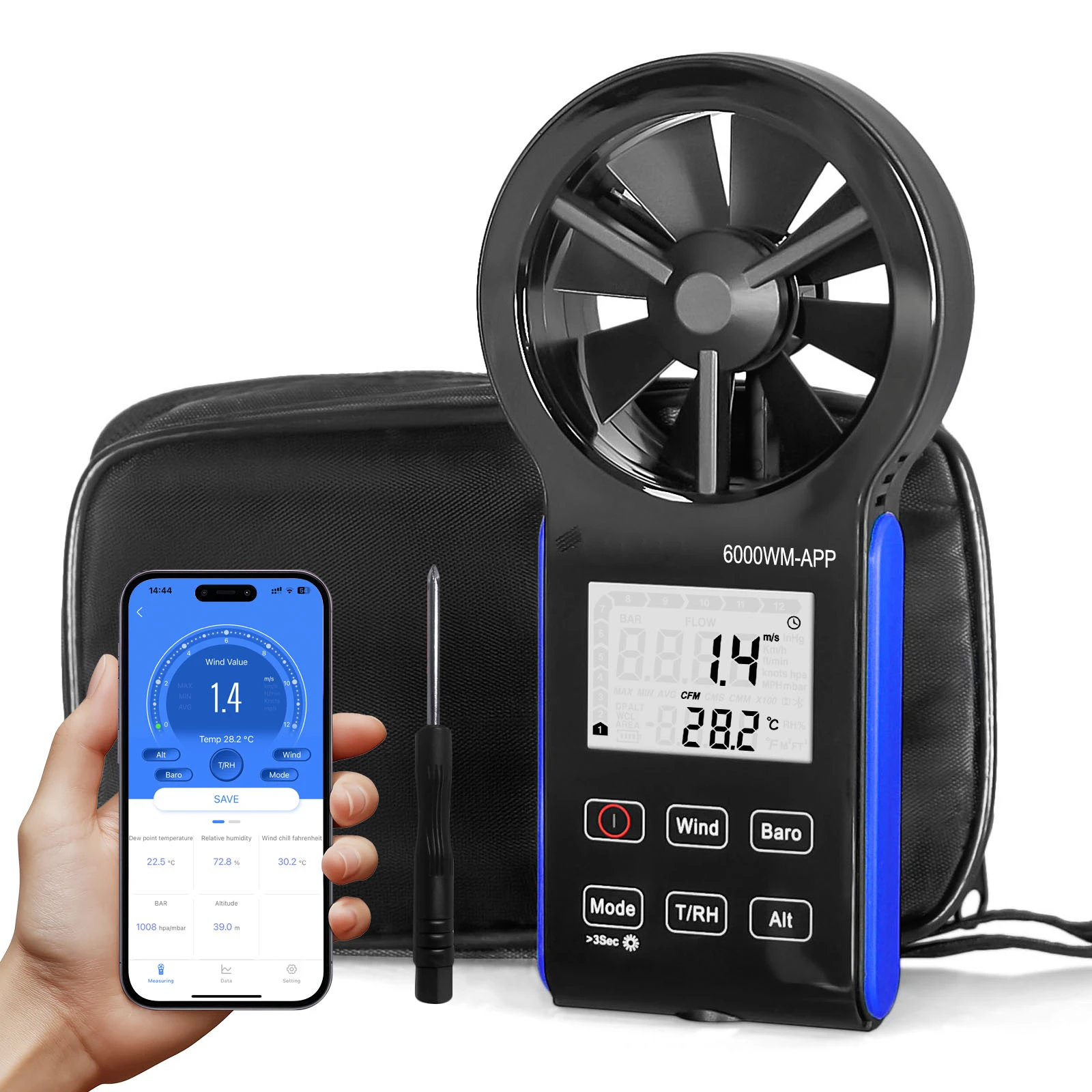 Bluetooth-анемометр 7-в-1: измеритель давления воздуха, температуры, влажности, точки росы, ветрового охлаждения, высотомер, с подключением к приложению, для систем ОВКВ и дронов (art.: 3920ce381db4c) - 3920ce381db4c